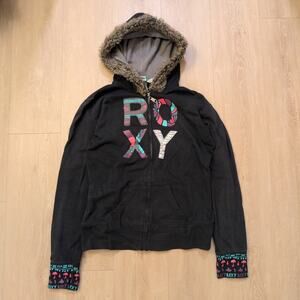 Y2K Roxy Women's Medium / Girls XL Hoodie Fur Spellout Surf Skate California